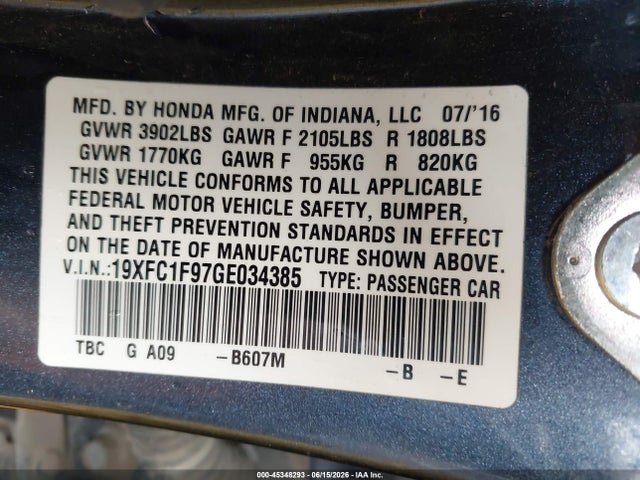 Honda Civic Touring 2016 19XFC1F97GE034385 Image 9