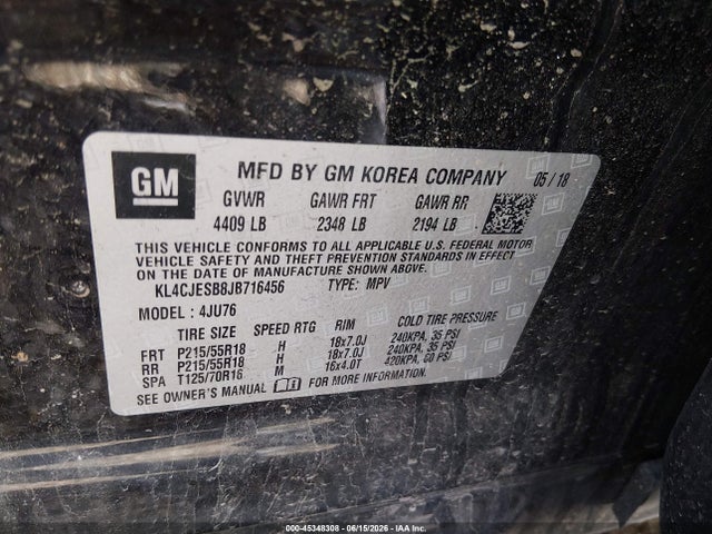 45348308 :رقم المزاد ، KL4CJESB8JB716456 vin ، 2018 Buick Encore Preferred مزاد بيع