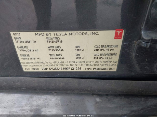 Aukcja sprzedaży 2016 Tesla Model S 90d/p100d/p85d/p90d, vin: 5YJSA1E46GF131226, numer aukcji: 45348311