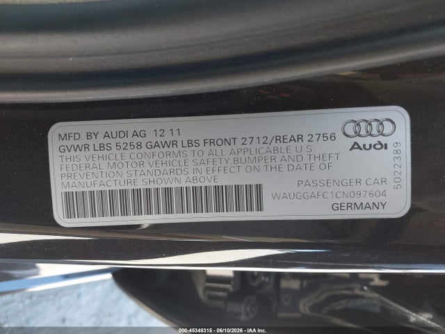 Aukcja sprzedaży 2012 Audi A6 Premium Plus, vin: WAUGGAFC1CN097604, numer aukcji: 45348315