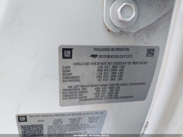 45348339 :رقم المزاد ، 3GTP8DED2LG271233 vin ، 2020 Gmc Sierra 1500 2wd  Short Box Slt مزاد بيع