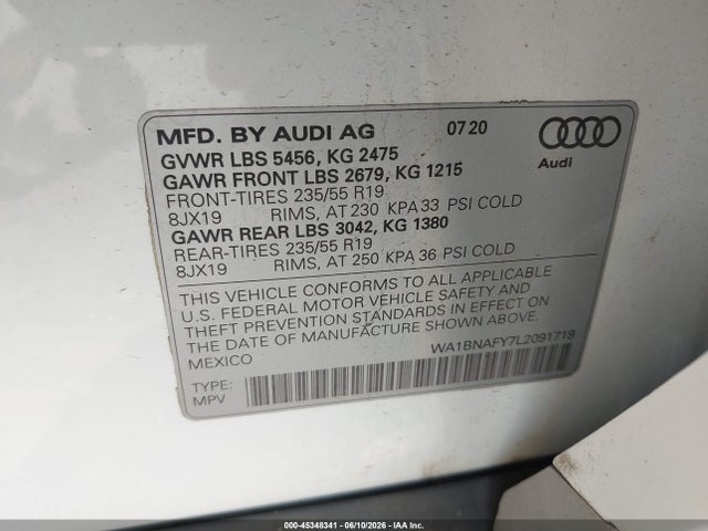 45348341 :رقم المزاد ، WA1BNAFY7L2091719 vin ، 2020 Audi Q5 Premium Plus 45 Tfsi Quattro S Tronic مزاد بيع