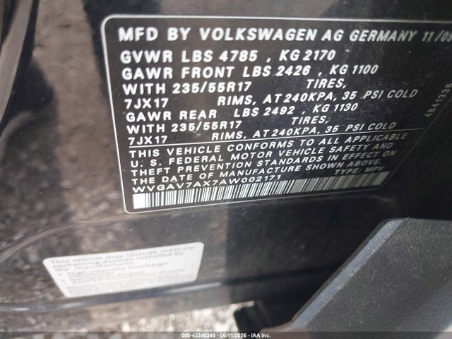 Aukcja sprzedaży 2010 Volkswagen Tiguan S, vin: WVGAV7AX7AW002171, numer aukcji: 45348348