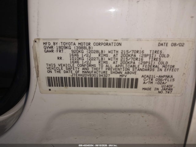 Aukcja sprzedaży 2003 Toyota Rav4, vin: JTEHH20V830194327, numer aukcji: 45348354