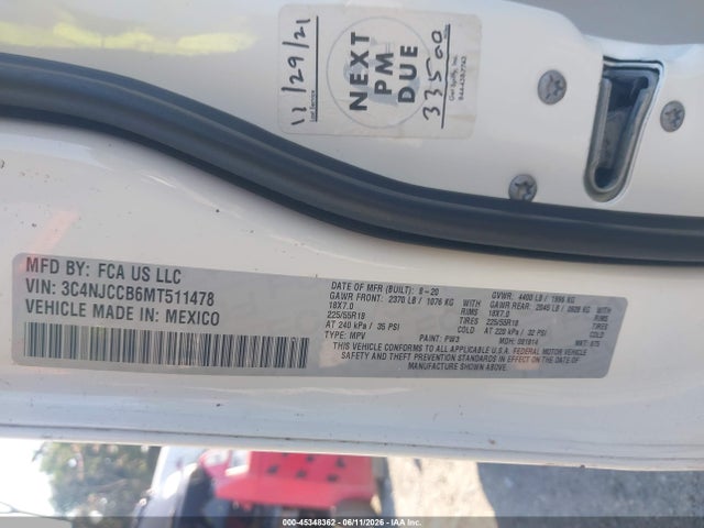 45348362 :رقم المزاد ، 3C4NJCCB6MT511478 vin ، 2021 Jeep Compass Limited Fwd مزاد بيع