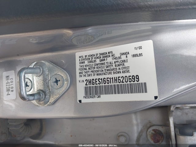 Aukcja sprzedaży 2001 Honda Civic Lx, vin: 2HGES16511H520599, numer aukcji: 45348363