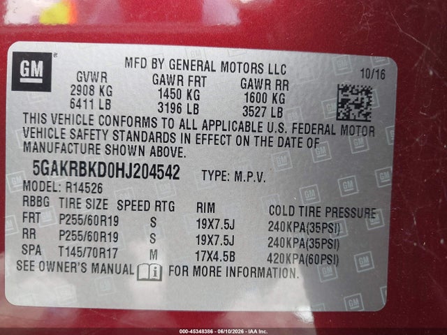 45348386 :رقم المزاد ، 5GAKRBKD0HJ204542 vin ، 2017 Buick Enclave Leather مزاد بيع
