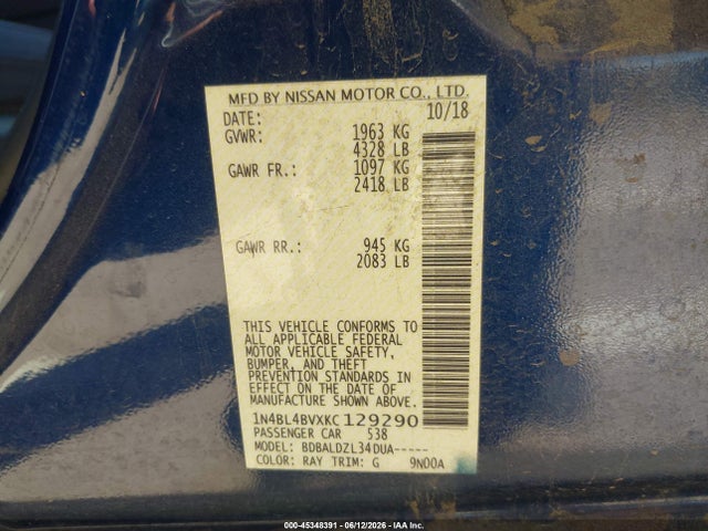 2019 Nissan Altima 2.5 S მანქანა იყიდება აუქციონზე, vin: 1N4BL4BVXKC129290, აუქციონის ნომერი: 45348391