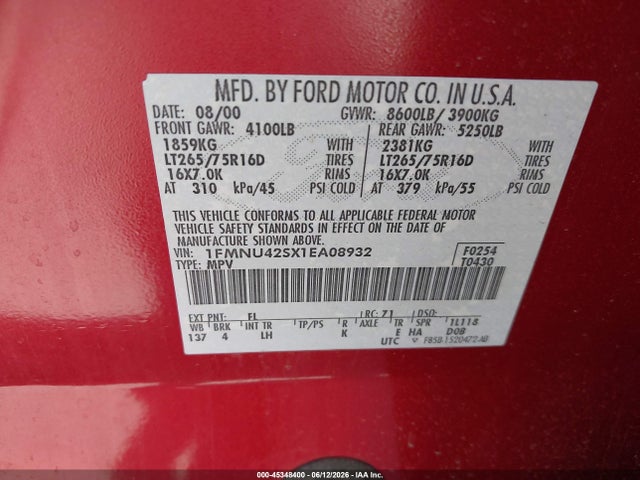 Aukcja sprzedaży 2001 Ford Excursion Limited, vin: 1FMNU42SX1EA08932, numer aukcji: 45348400