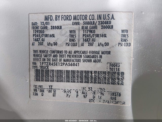 Продажа на аукционе авто 2002 Ford Ranger Edge/xlt, vin: 1FTZR45E12PA56841, номер лота: 45348401