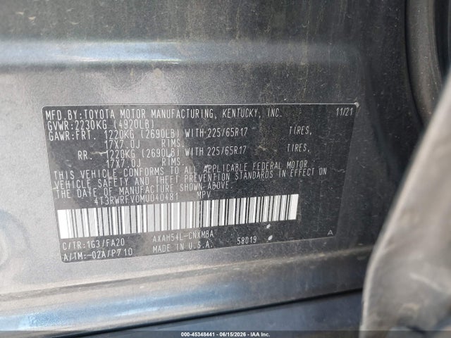4T3RWRFV0MU040481 Toyota Rav4 Hybrid Xle
