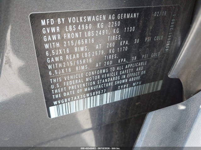 WVGBV7AX3GW589577 Volkswagen TIGUAN S