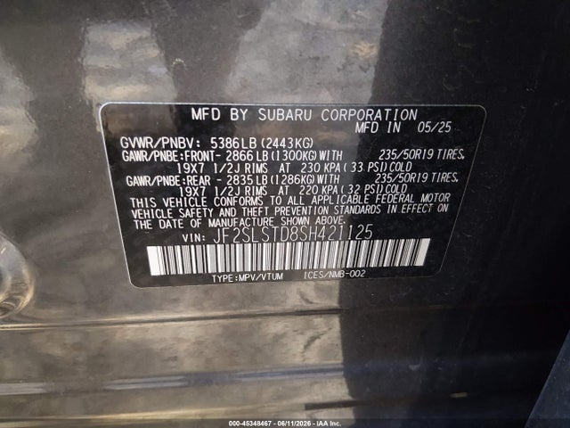 Aukcja sprzedaży 2025 Subaru Forester Touring Hybrid, vin: JF2SLSTD8SH421125, numer aukcji: 45348467