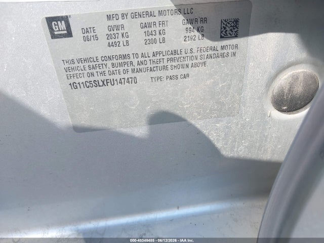 2015 Chevrolet Malibu 1lt მანქანა იყიდება აუქციონზე, vin: 1G11C5SLXFU147470, აუქციონის ნომერი: 45348485