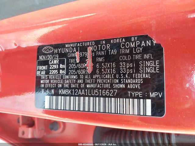 45348500 :رقم المزاد ، KM8K12AA1LU516627 vin ، 2020 Hyundai Kona Se مزاد بيع