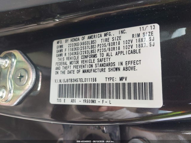 45348502 :رقم المزاد ، 5J8TB3H57EL011156 vin ، 2014 Acura Rdx مزاد بيع