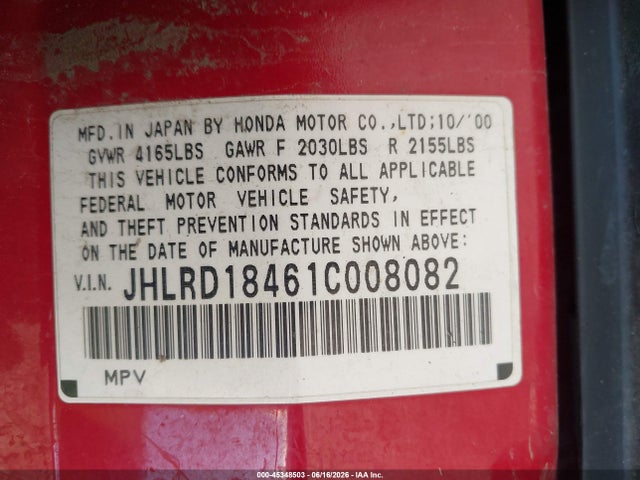 Продажа на аукционе авто 2001 Honda Cr-v Lx, vin: JHLRD18461C008082, номер лота: 45348503