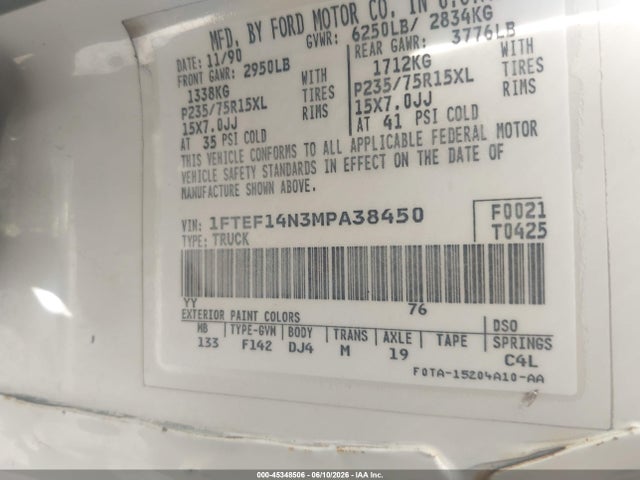 45348506 :رقم المزاد ، 1FTEF14N3MPA38450 vin ، 1991 Ford F150 مزاد بيع