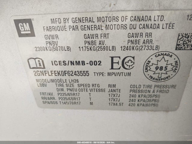 2GNFLFEK0F6243555 Chevrolet EQUINOX 1LT