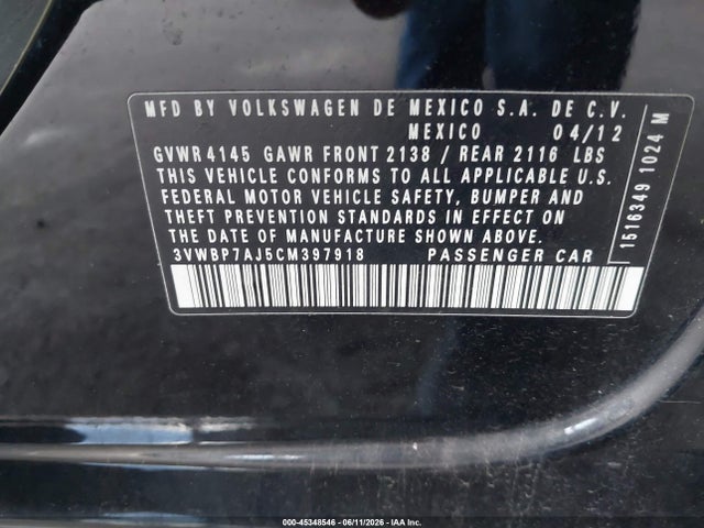 Aukcja sprzedaży 2012 Volkswagen Jetta 2.5l Se, vin: 3VWBP7AJ5CM397918, numer aukcji: 45348546