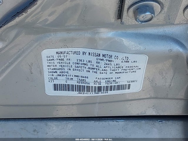 Aukcja sprzedaży 2007 Infiniti G35x, vin: JNKBV61F17M818466, numer aukcji: 45348552