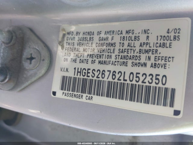 Aukcja sprzedaży 2002 Honda Civic Ex, vin: 1HGES26762L052350, numer aukcji: 45348565