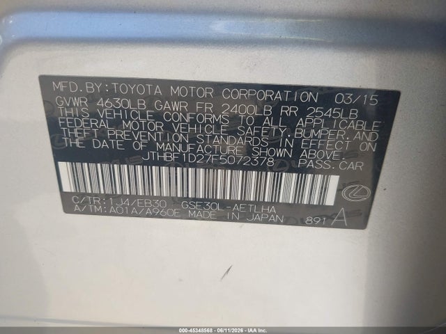 Продаж на аукціоні авто 2015 Lexus Is 250, vin: JTHBF1D27F5072378, номер лоту: 45348568