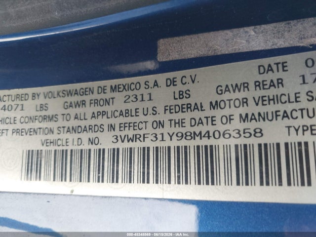 45348569 :رقم المزاد ، 3VWRF31Y98M406358 vin ، 2008 Volkswagen New Beetle Se مزاد بيع