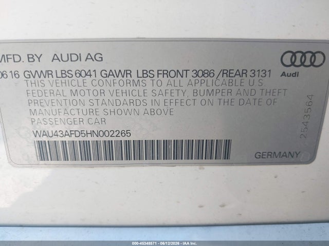 Aukcja sprzedaży 2017 Audi A8 L Sport, vin: WAU43AFD5HN002265, numer aukcji: 45348571