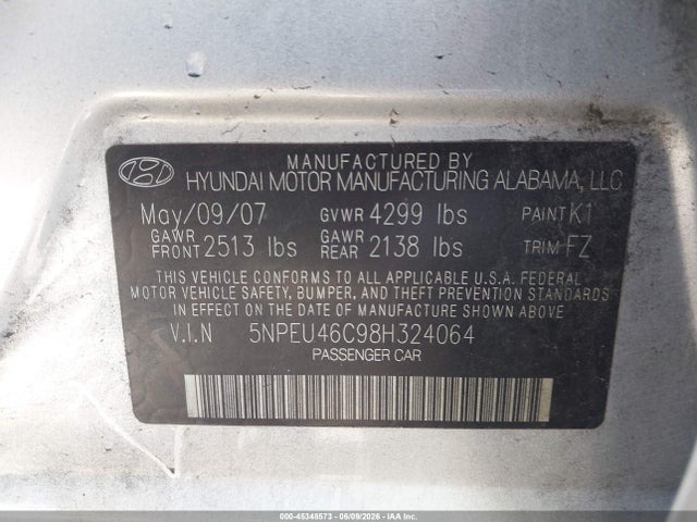 2008 Hyundai Sonata Limited/se მანქანა იყიდება აუქციონზე, vin: 5NPEU46C98H324064, აუქციონის ნომერი: 45348573
