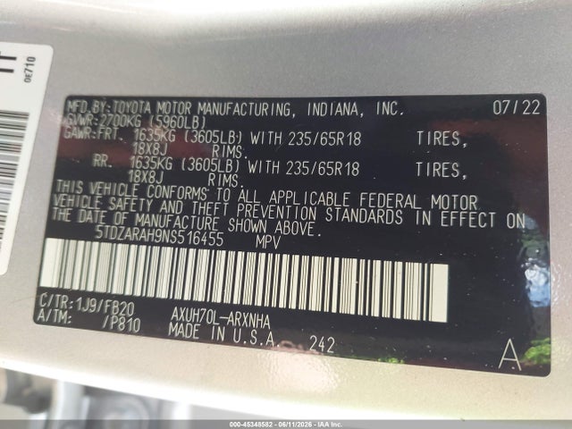 5TDZARAH9NS516455 Toyota Highlander Hybrid Le