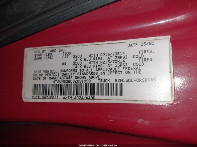 Продажа на аукционе авто 1995 Toyota Tacoma Xtracab, vin: 4TAUN53B0SZ031899, номер лота: 45348601