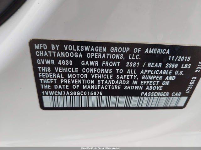 2016 Volkswagen Passat V6 Sel Premium მანქანა იყიდება აუქციონზე, vin: 1VWCM7A36GC015675, აუქციონის ნომერი: 45348614