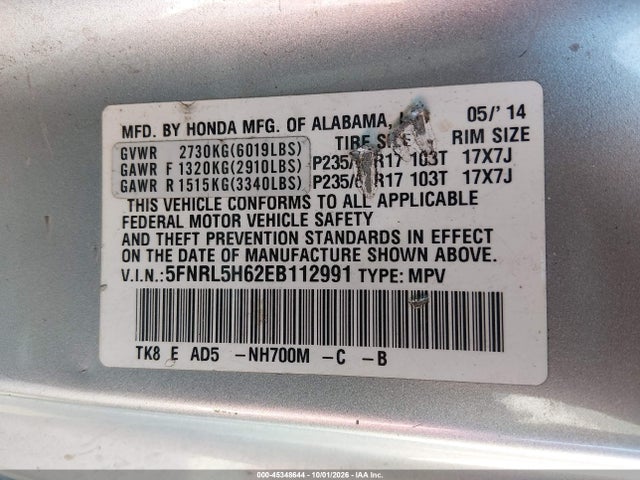 Aukcja sprzedaży 2014 Honda Odyssey Ex-l, vin: 5FNRL5H62EB112991, numer aukcji: 45348644