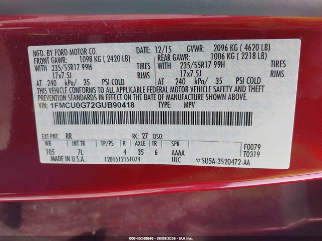 45348646 :رقم المزاد ، 1FMCU0G72GUB90418 vin ، 2016 Ford Escape Se مزاد بيع