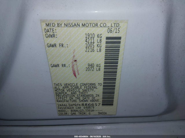 1N4AL3AP6FN886657 Nissan Altima 2.5/2.5 S/2.5 Sl/2.5 Sv