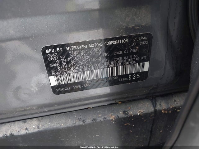 Aukcja sprzedaży 2022 Mitsubishi Outlander Sel 2.5 2wd, vin: JA4J3VA86NZ085730, numer aukcji: 45348665