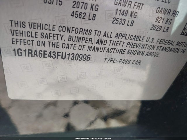 Продаж на аукціоні авто 2015 Chevrolet Volt, vin: 1G1RA6E43FU130996, номер лоту: 45348667
