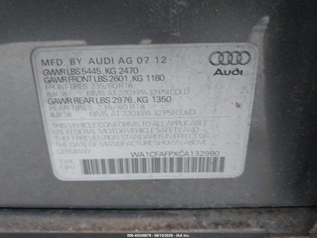 Aukcja sprzedaży 2012 Audi Q5 2.0t Premium, vin: WA1CFAFPXCA132990, numer aukcji: 45348679