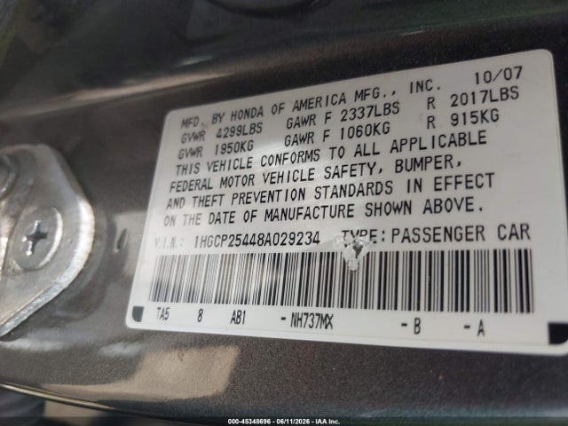Aukcja sprzedaży 2008 Honda Accord 2.4 Lx-p, vin: 1HGCP25448A029234, numer aukcji: 45348696