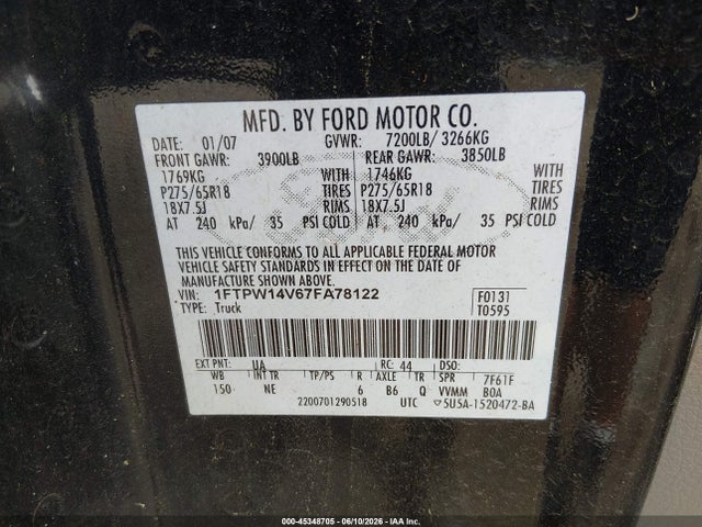 Aukcja sprzedaży 2007 Ford F-150 Fx4/lariat/xlt, vin: 1FTPW14V67FA78122, numer aukcji: 45348705