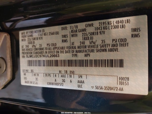 Aukcja sprzedaży 2019 Lincoln Mkc Select, vin: 5LMCJ2C97KUL20663, numer aukcji: 45348760