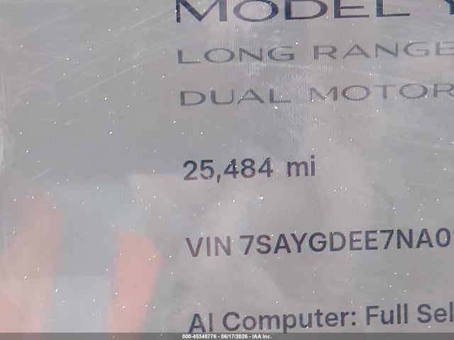 45348776 :رقم المزاد ، 7SAYGDEE7NA010950 vin ، 2022 Tesla Model Y Long Range Dual Motor All-wheel Drive مزاد بيع