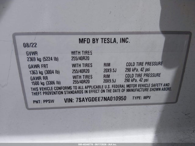 45348776 :رقم المزاد ، 7SAYGDEE7NA010950 vin ، 2022 Tesla Model Y Long Range Dual Motor All-wheel Drive مزاد بيع