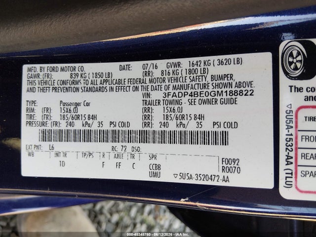 3FADP4BE0GM188822 Ford FIESTA SE