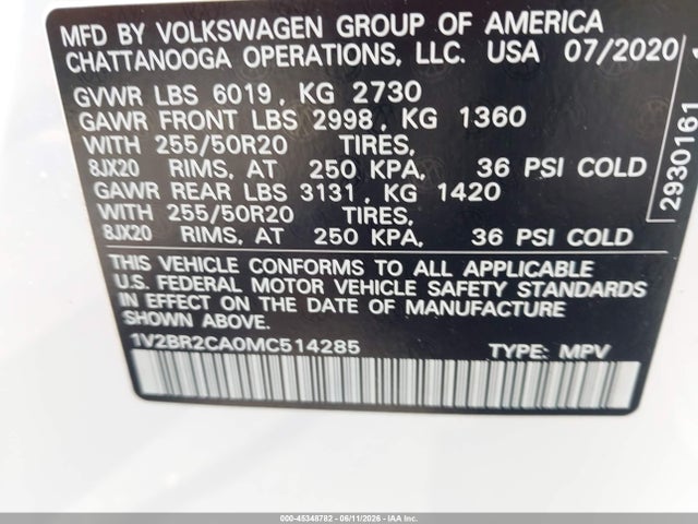 Продаж на аукціоні авто 2021 Volkswagen Atlas 3.6l V6 Sel, vin: 1V2BR2CA0MC514285, номер лоту: 45348782