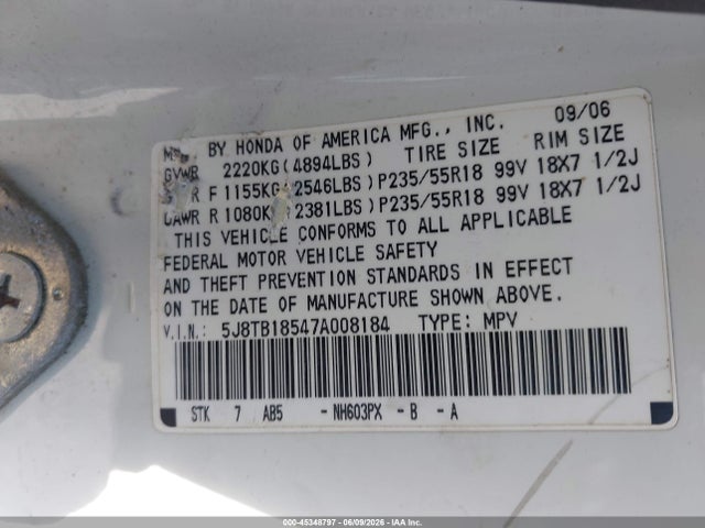 2007 Acura Rdx მანქანა იყიდება აუქციონზე, vin: 5J8TB18547A008184, აუქციონის ნომერი: 45348797