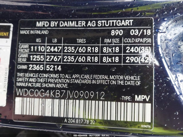 45348806 :رقم المزاد ، WDC0G4KB7JV090912 vin ، 2018 Mercedes-benz Glc 300 4matic مزاد بيع