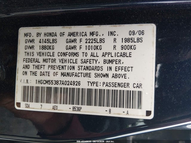 2007 Honda Accord 2.4 Se მანქანა იყიდება აუქციონზე, vin: 1HGCM55387A024926, აუქციონის ნომერი: 45348835