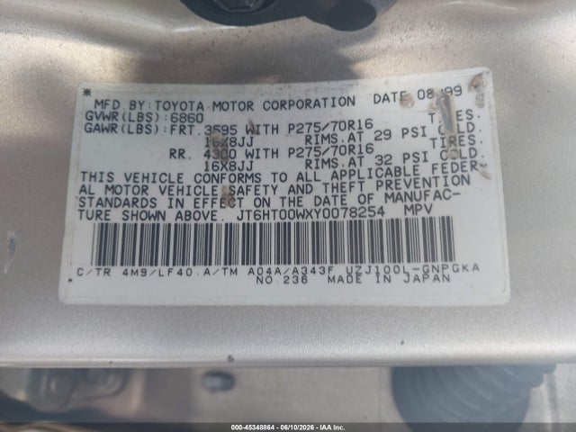 Aukcja sprzedaży 2000 Lexus Lx 470, vin: JT6HT00WXY0078254, numer aukcji: 45348864